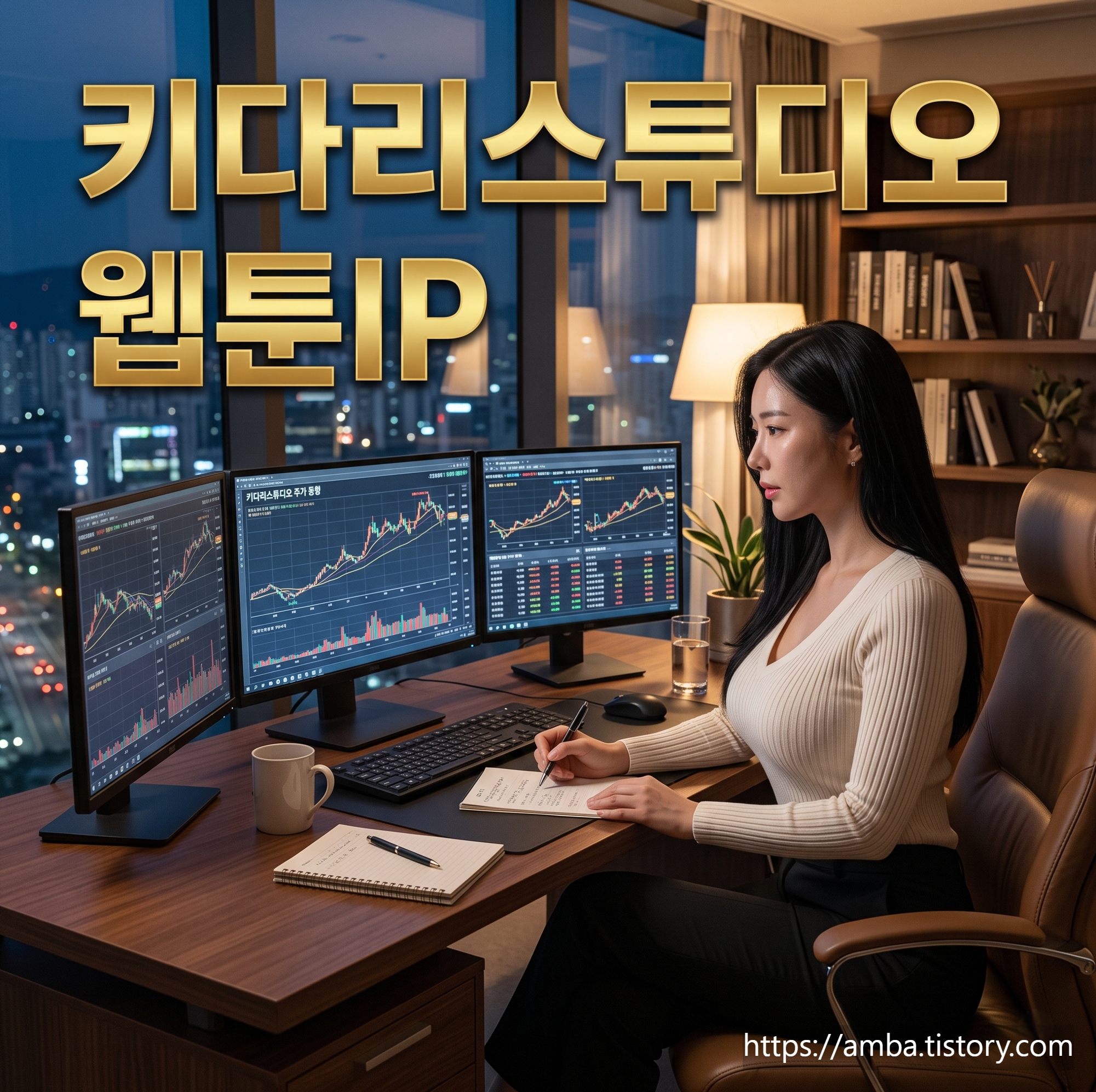 키다리스튜디오 웹툰IP와 주식 차트를 공부중인 여성