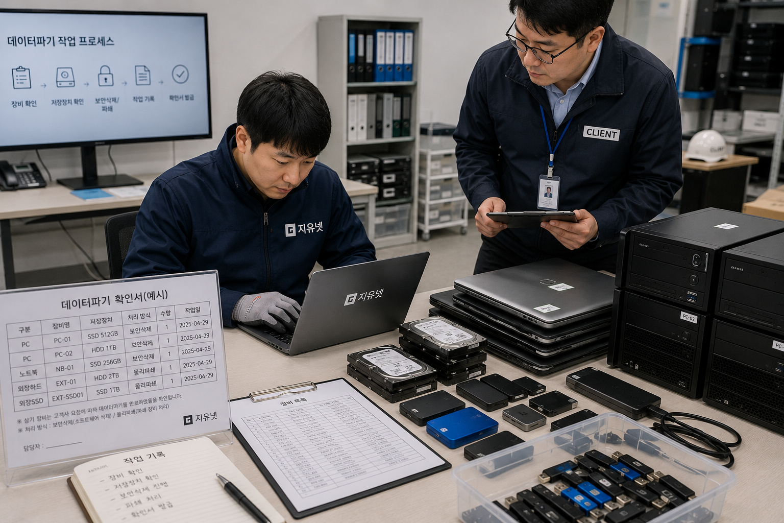 원청 관계자가 지켜보는 가운데 데이터파기 확인서와 장비별 처리 내역을 작성하는 장면