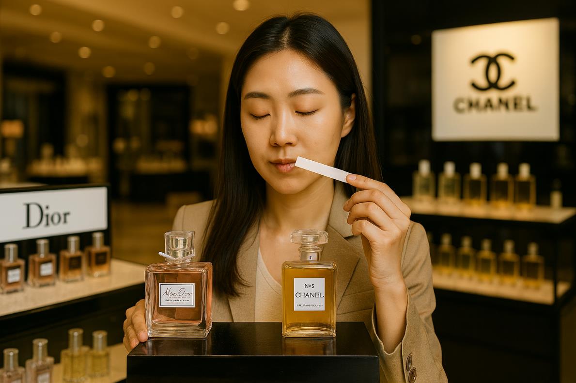 매장에서 소비자가 디올과 샤넬 향수를 직접 비교&middot;체험하는 장면