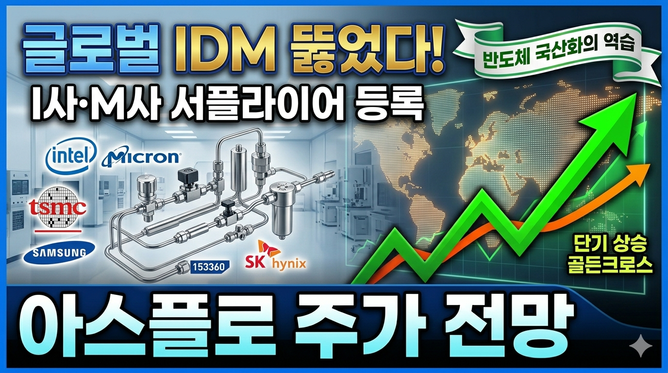 이 이미지는 아스플로의 가스 공급 부품이 세계적인 반도체 제조사(I사, M사 등)로 뻗어 나가는 모습을 형상화하여 '글로벌 IDM 공급'이라는 핵심 뉴스를 시각화했습니다.

글로벌 지도와 주요 기업 로고를 활용해 아스플로의 확장성을 표현했고, 오른쪽 하단에는 기술적 지표인 골든크로스를 반영한 우상향 그래프와 '단기 상승 골든크로스'라는 문구를 넣어 투자자들의 관심을 유도하도록 구성했습니다. 하단에는 '아스플로 주가 전망'을 크고 명확하게 배치했습니다.