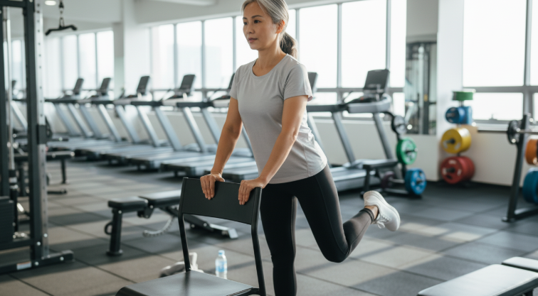 의자를 잡고 발뒤꿈치를 최대한 높이 드는 운동