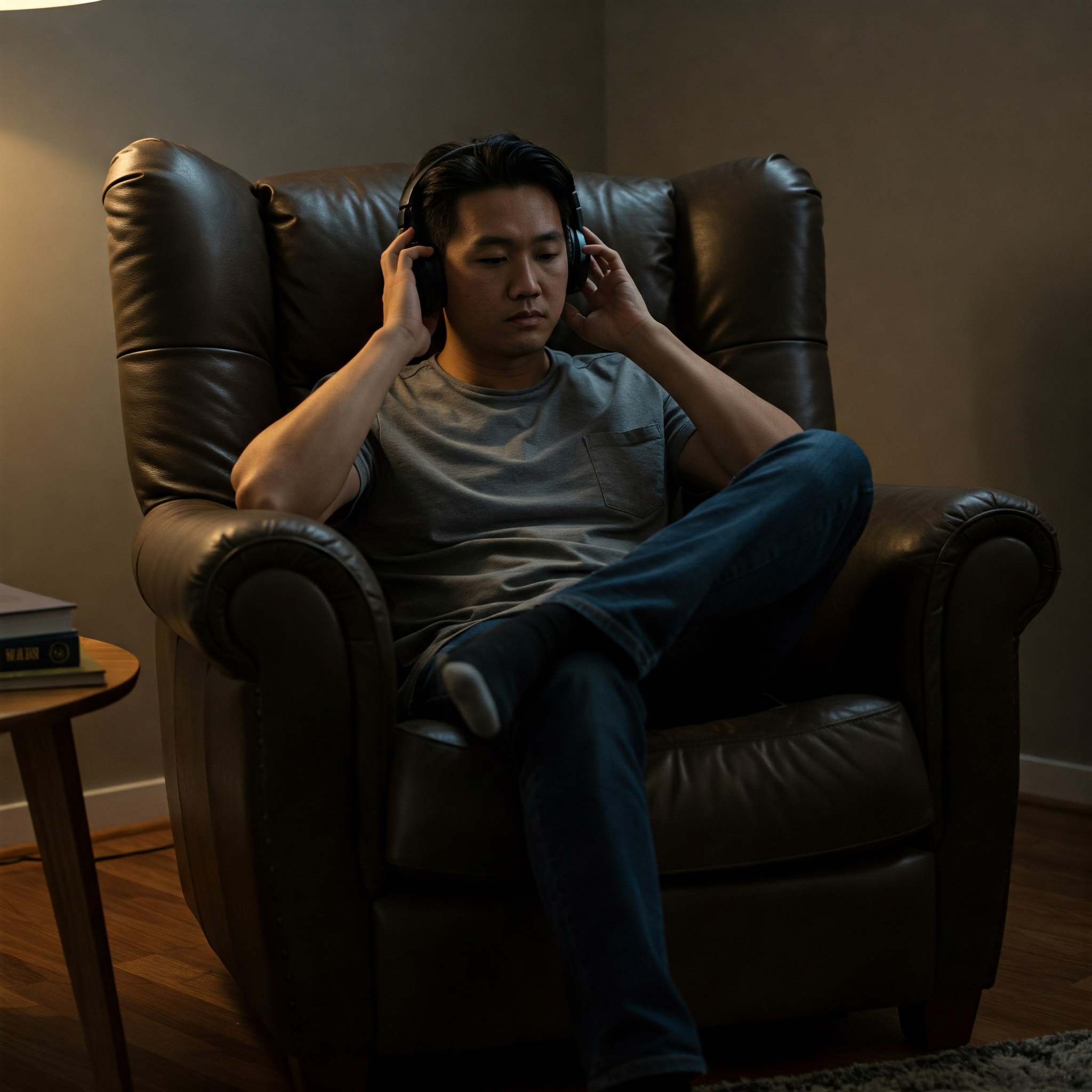 헤드셋을 이용해 음악을 듣고있는 남성