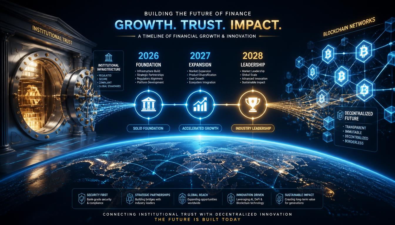 A futuristic timeline displaying key milestones for XRPL lending protocol adoption and institutional capital inflow from 2026 to 2028.