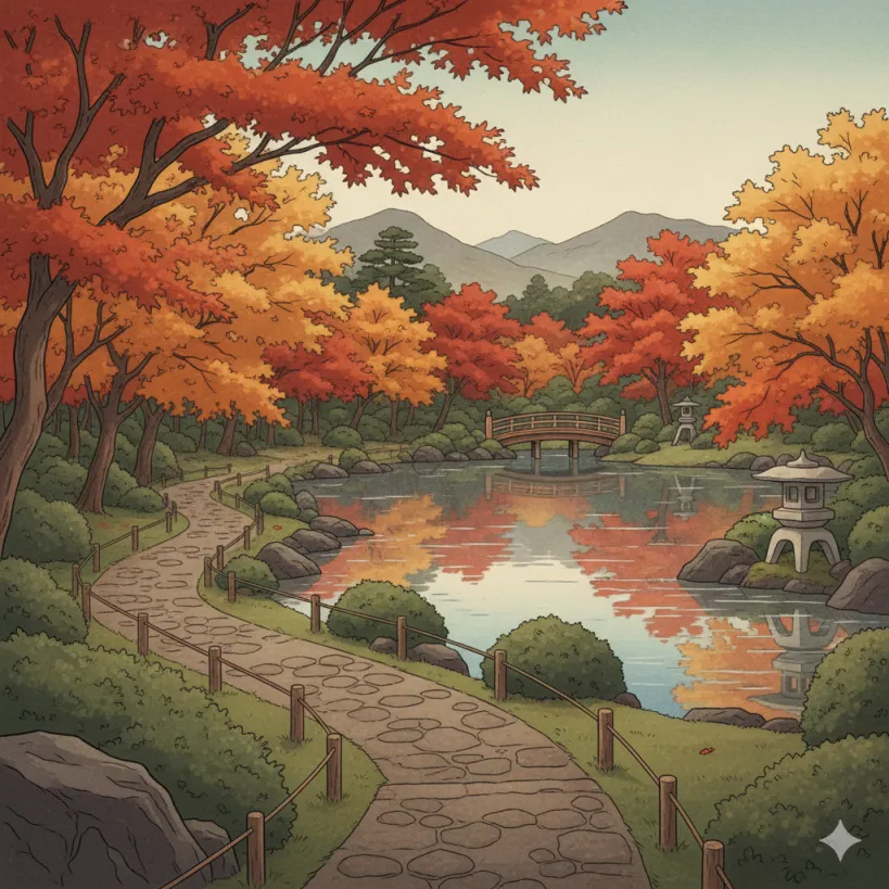 연못과 돌길, 단풍나무가 어우러진 가을 겐로쿠엔 정원 풍경.