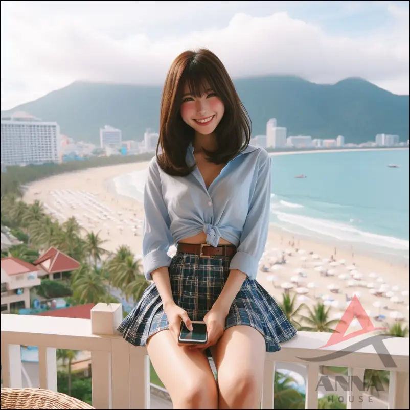 다낭 해변을 배경으로 사진 촬영중인 직장인