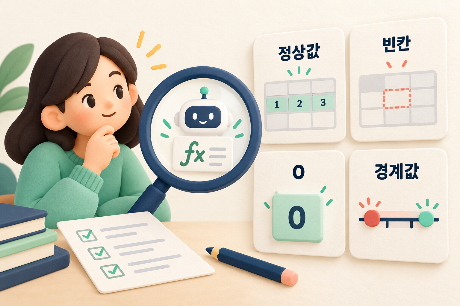 정상값과 빈칸, 0, 경계값을 네 카드로 나눠 시험하는 그림