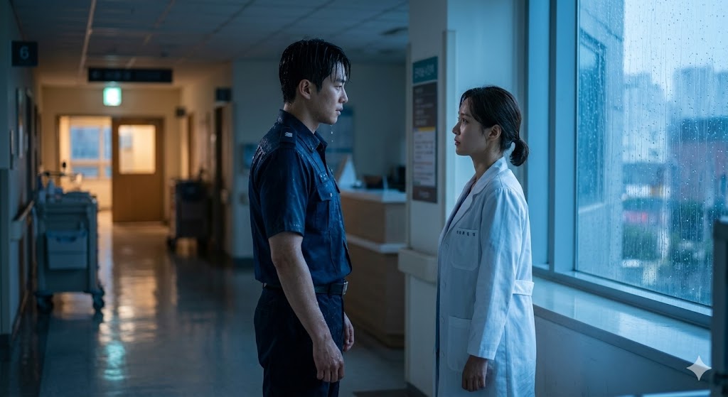 Firefighter and woman in white coat standing by a rainy window in a dim physical therapy room, sharing a gaze of tension and affection.