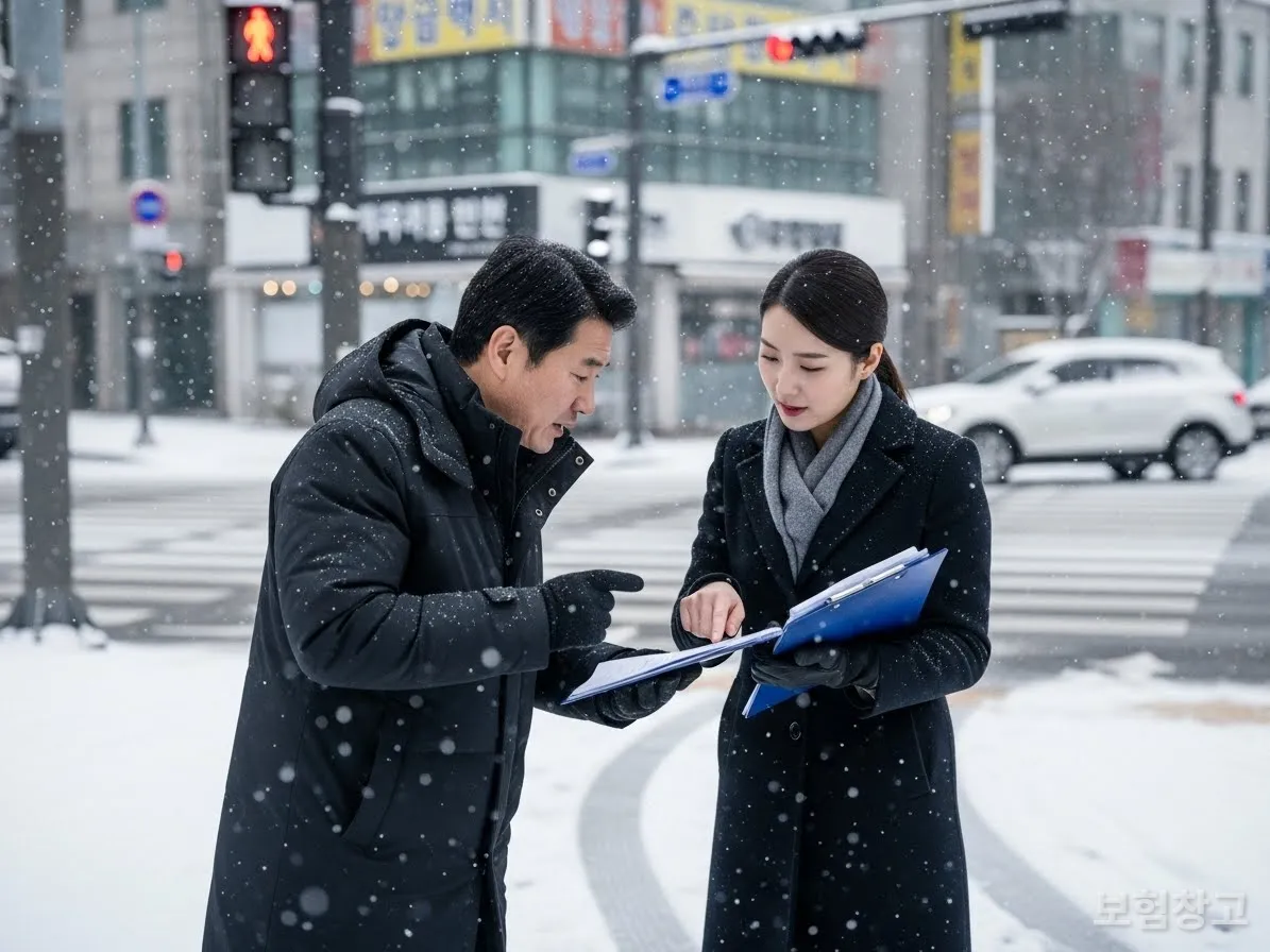 눈 내리는 서울 교차로에서 보험사 직원과 과실 비율을 논의하는 한국인 운전자