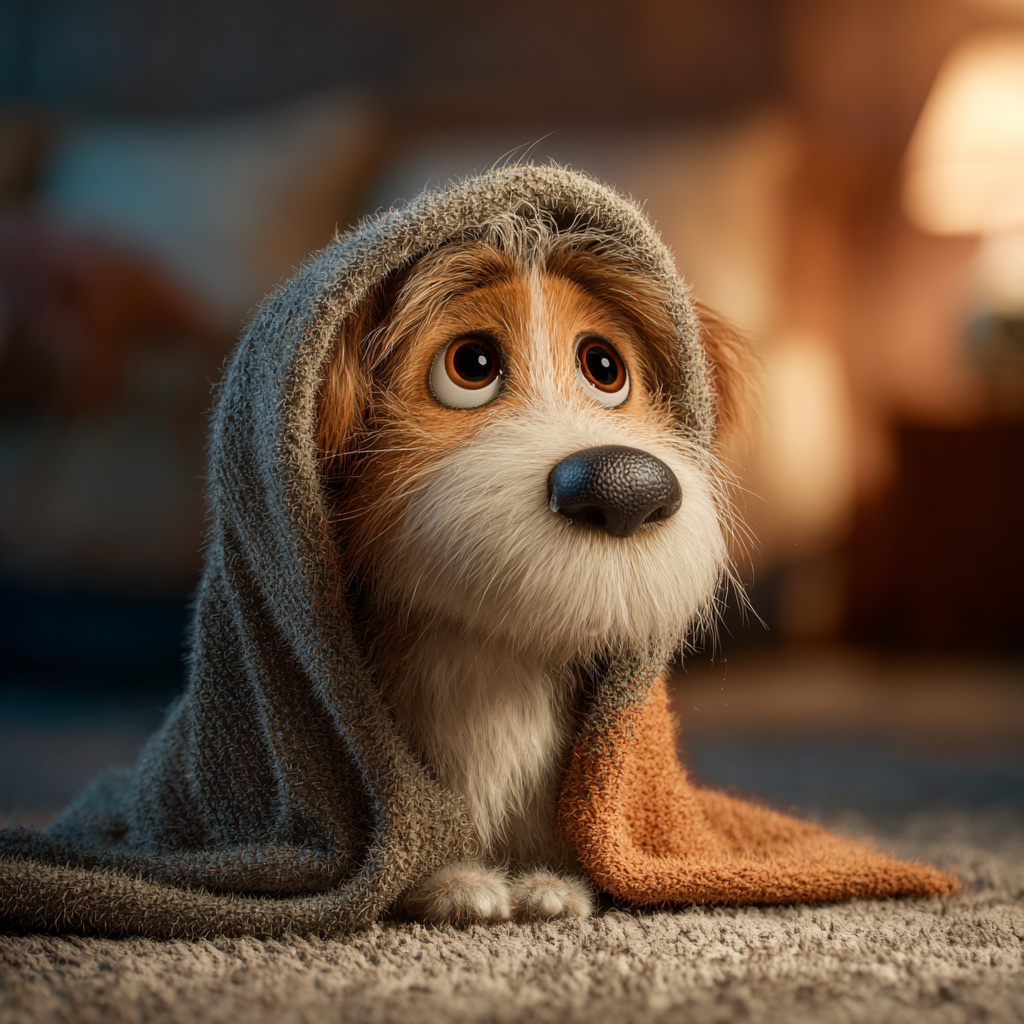 감기 증상으로 이불에 싸여 쉬는 강아지 모습, 픽사 스타일 일러스트