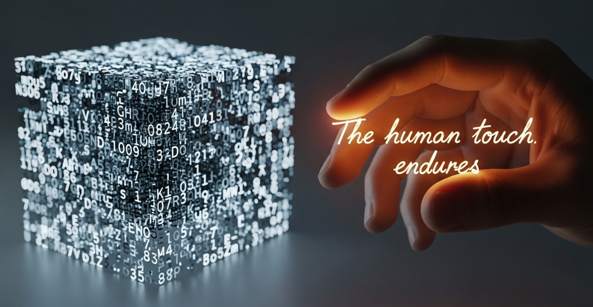 투명한 큐브 형태의 AI 텍스트 더미 앞에서, 자신의 손으로 쓴 빛나는 문장을 들고 있는 사람의 손. 인간적인 따뜻함과 기술의 대비. 미니멀리즘 디자인.