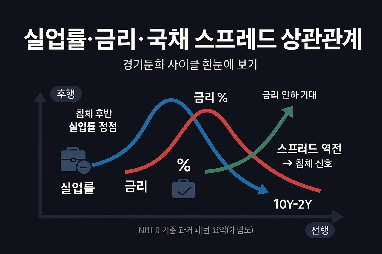 실업률, 금리, 국채 스프레드의 상관관계를 나타내는 인포그래픽. 경기둔화 사이클에서 실업률은 후행 지표로 침체 후반에 정점을 찍고, 금리는 선행적으로 움직이며, 국채 10년-2년물 스프레드 역전이 침체 신호로 작용하는 흐름을 시각화.