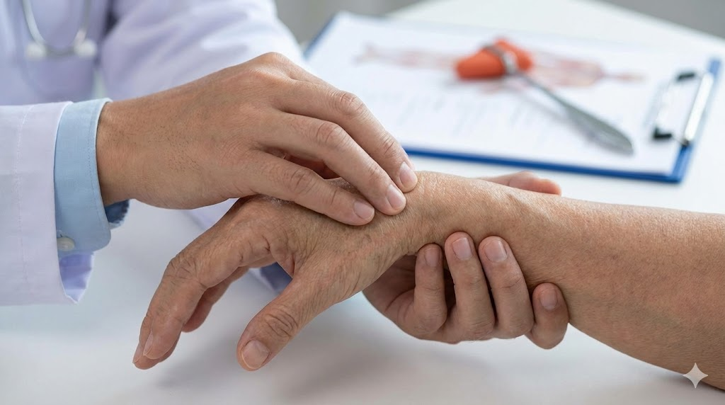 파킨슨병 진단을 위해 환자의 근육 경직도와 반응을 정밀 검진하는 신경과 전문의의 손