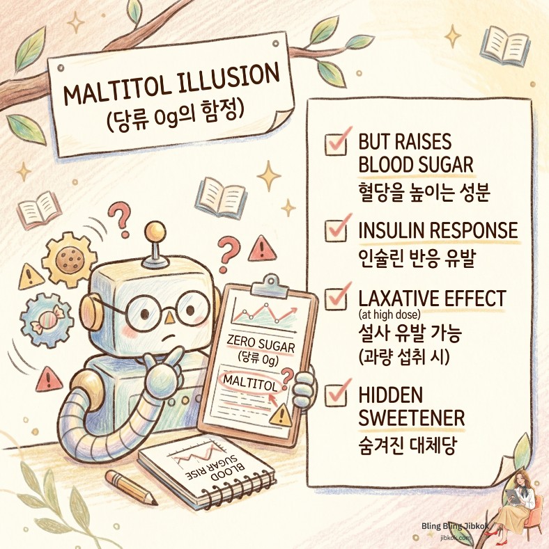 당류 0g 제로 슈가 식품의 함정과 혈당 올리는 대체당 말티톨의 진실을 표현한 따뜻한 색연필 일러스트 (Zero sugar food and maltitol illusion cozy colored pencil drawing)