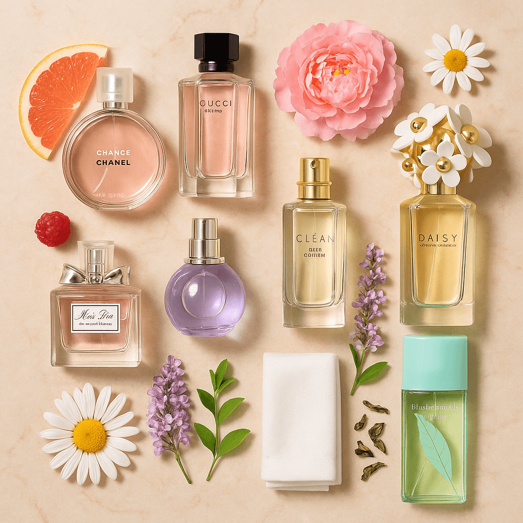여름 여성 향수 플랫레이: 로즈 베이지 대리석 위 샤넬 샹스 등 7종 향수와 자몽&middot;피오니&middot;라일락&middot;데이지&middot;코튼&middot;녹차 잎 소품