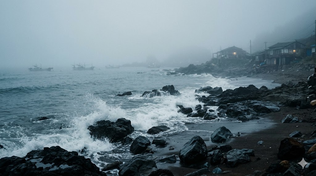 만조를 기다리며 후기 짙은 해무가 끼어 앞이 보이지 않는 바닷가 마을에 파도가 거칠게 부서지는 서늘한 풍경