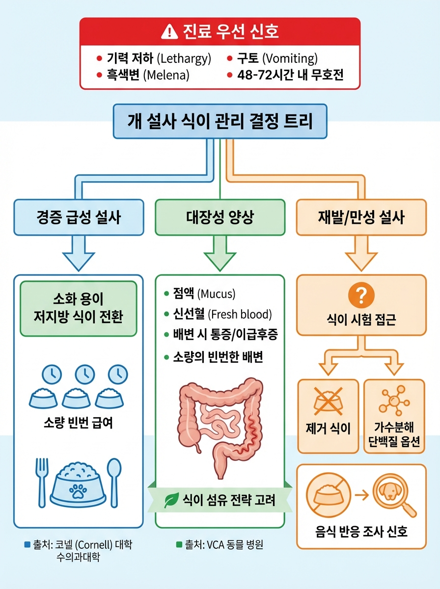 강아지 설사 식이 선택 분기(경증 급성은 고소화, 대장성은 점액·힘주기 기준, 재발/만성은 식이 시험)
