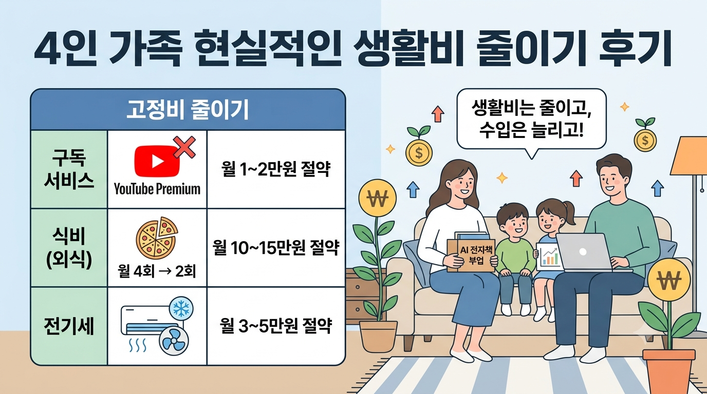 4인 가족의 현실적인 생활비 줄이기 후기를 보여주는 인포그래픽 이미지