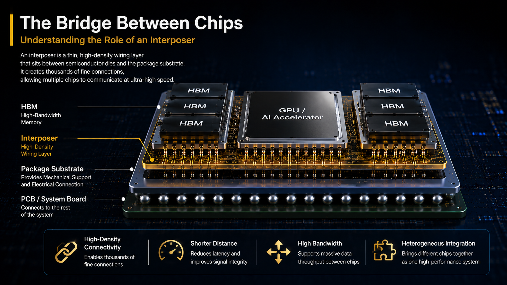 Interposer structure connecting GPU and HBM chips to a semiconductor package substrate