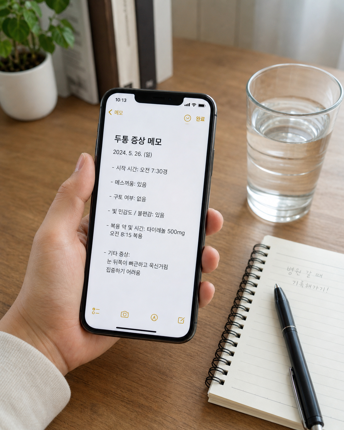 두통과 메스꺼움이 같이 있을 때 증상 흐름을 휴대폰에 기록하는 모습