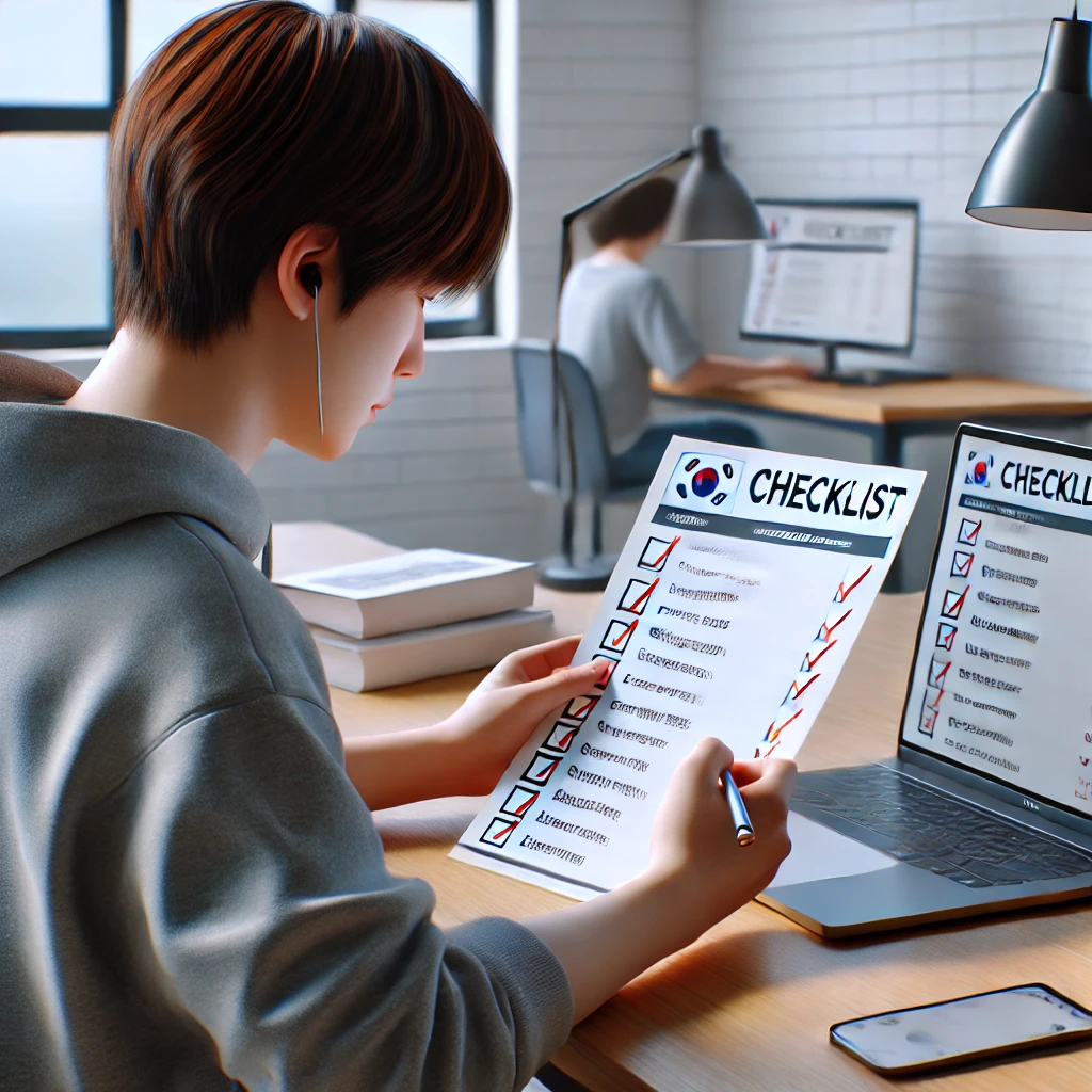 학생이 시험 중 체크리스트를 활용해 작업 요구사항을 확인하는 모습. 학생은 노트북 화면과 체크리스트를 비교하며 현대적인 책상에 앉아 있습니다. 방은 밝고 미니멀하게 꾸며져 있습니다