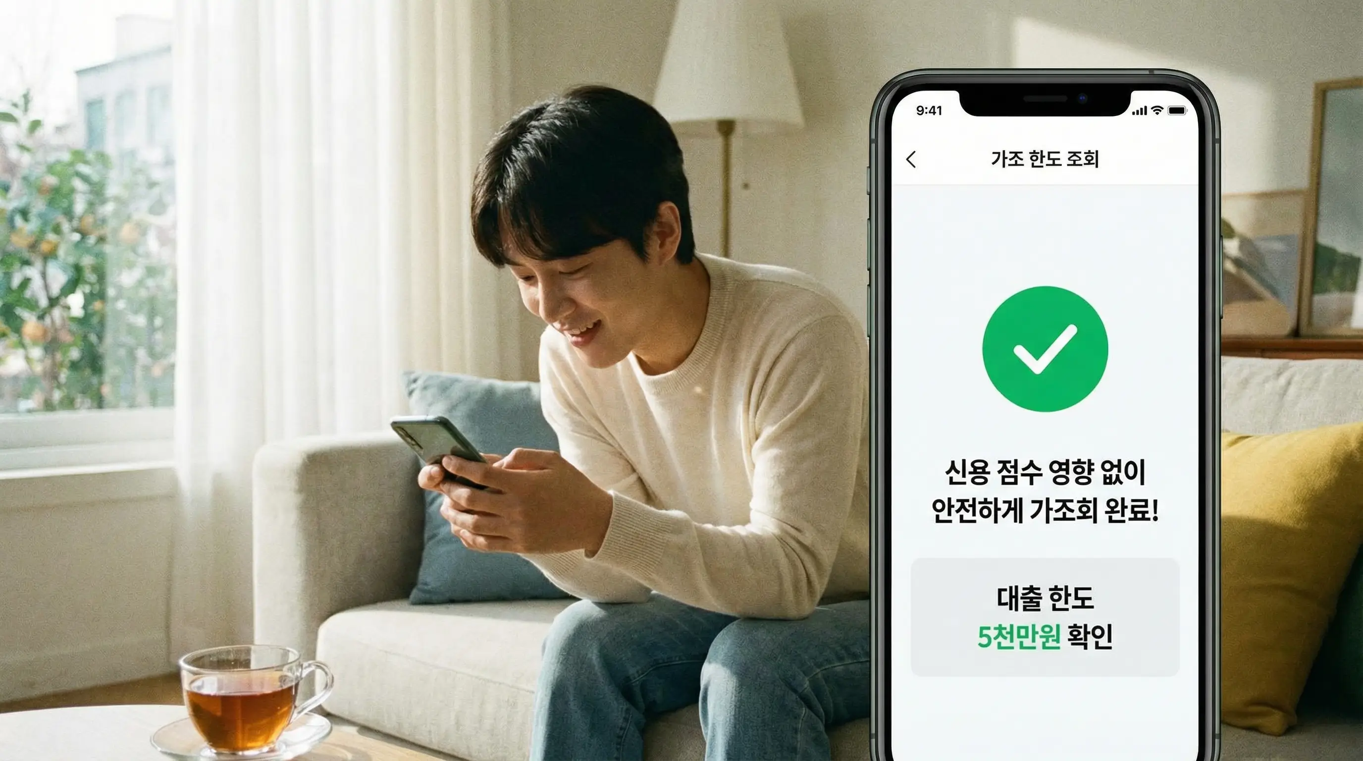스마트폰 앱으로 신용 점수 영향 없이 안전하게 대출 한도를 가조회하고 자금을 마련하는 안도하는 모습