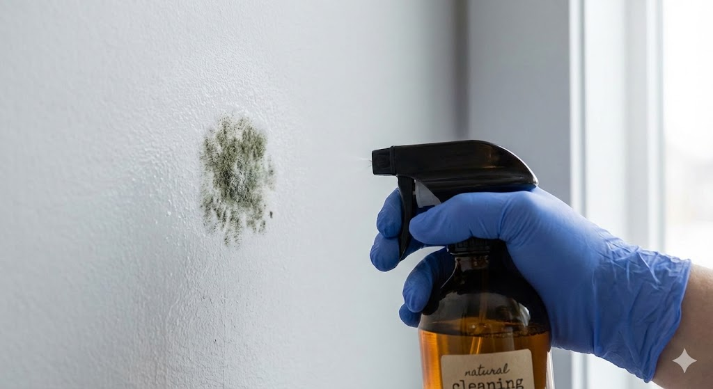 곰팡이 포자가 퍼지지 않도록 벽에 생긴 곰팡이를 친환경 스프레이로 조심스럽게 제거하는 모습.