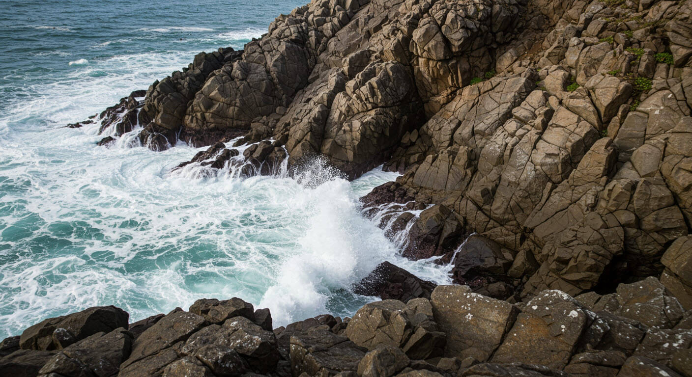 거제도의 기암괴석에 파도가 치고 있는 모습