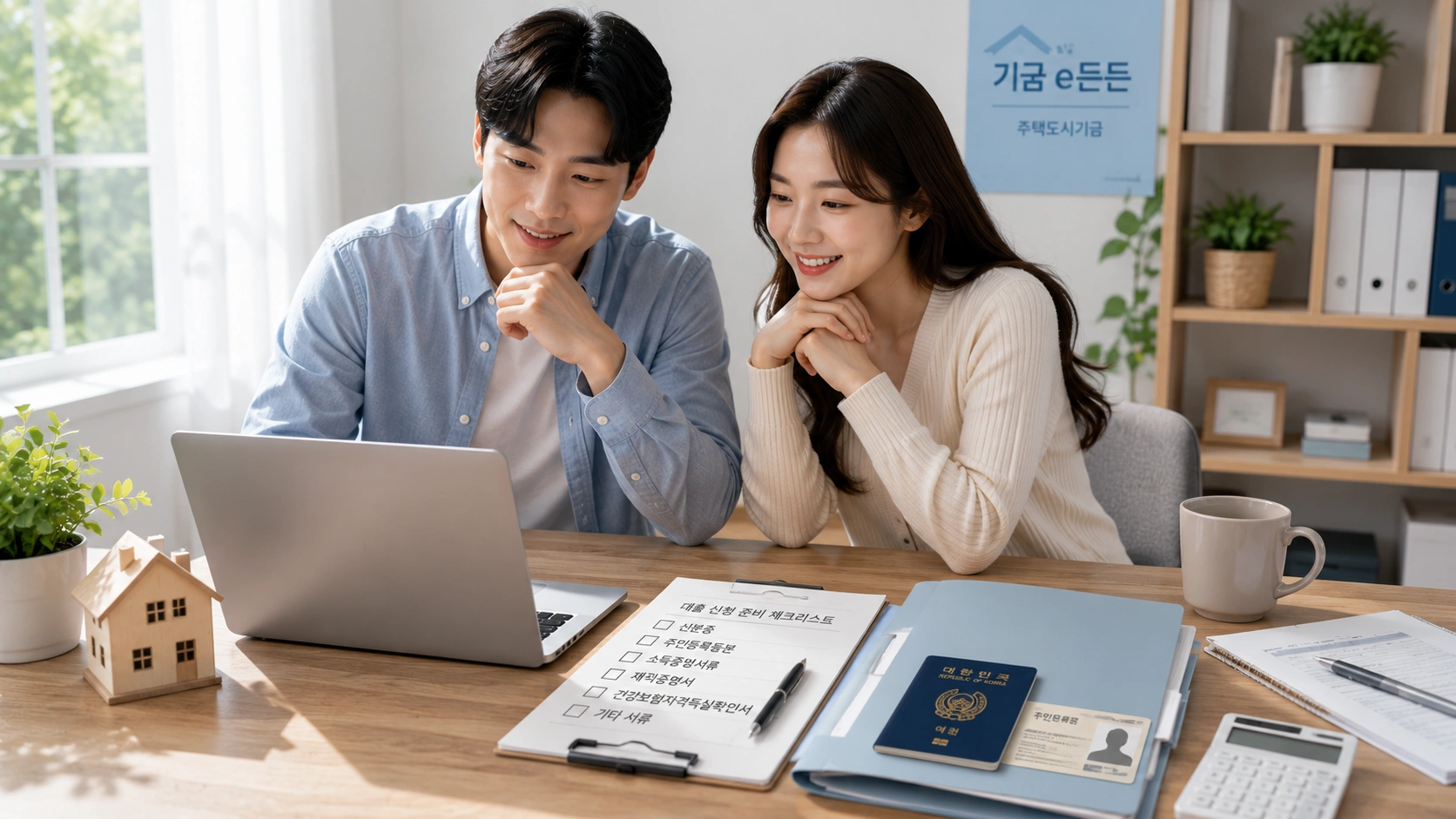 디딤돌대출 신청 전 필요한 서류를 준비하며 노트북으로 대출 정보를 확인하는 한국인 부부의 모습