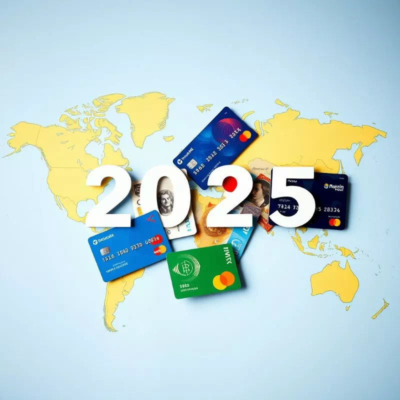 다양한 국가의 통화와 트래블 카드가 지도 위에 놓여 있는 모습. 스마트한 2025년 환전 계획을 상징한다