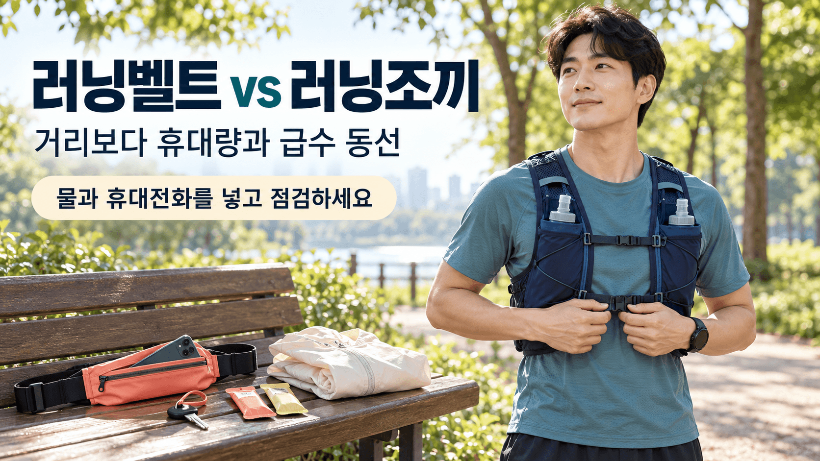 공원에서 물병을 넣은 러닝조끼의 착용 상태를 점검하는 러너와 벤치 위 러닝벨트, 휴대전화, 열쇠, 에너지젤, 얇은 겉옷을 보여주는 이미지