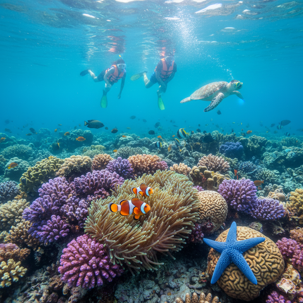 세부 스노클링으로 볼수있는 산호초 니모 불가사리