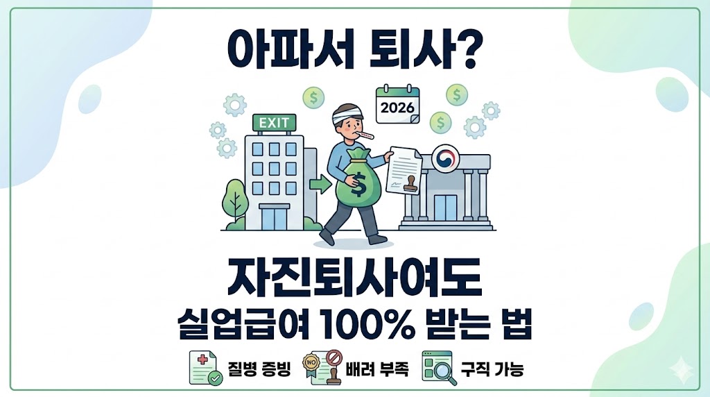 아파서 자진퇴사 시 실업급여 100% 받는 법. 질병 증빙, 회사의 배려 부족, 구직 가능 상태 등 필수 수급 조건 안내 썸네일