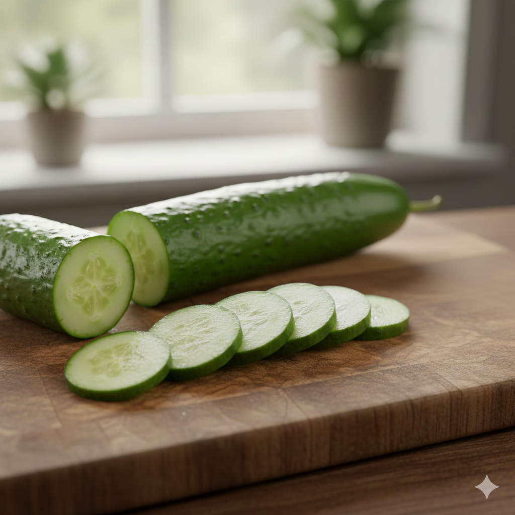 동글동글하고 얇게 슬라이스하여 단면이 투명하게 보이는 오이