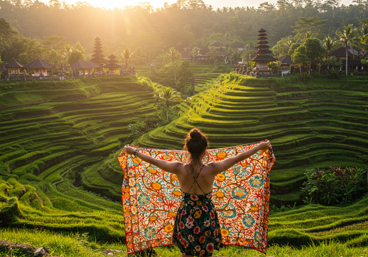 완성된 바틱 천을 들고 있는 모습, 우붓의 풍경이 보인다