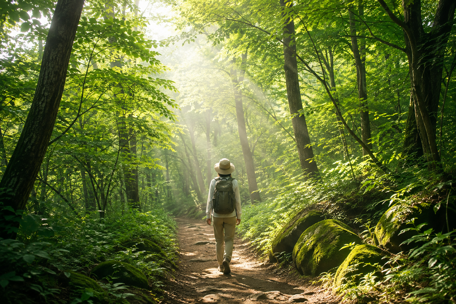 초록빛 숲속에서 힐링하는 여행자의 뒷모습