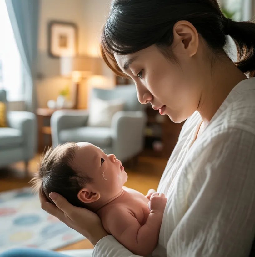 아토피 초기증상이 나타나고 있는 아기를 바라보는 엄마