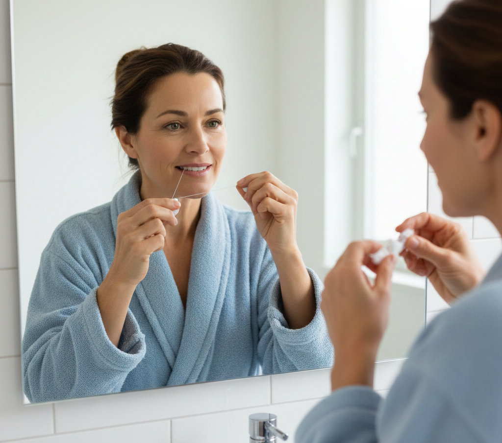 거울 앞에서 치실 사용하는 여성, 올바른 치실 사용법 시연