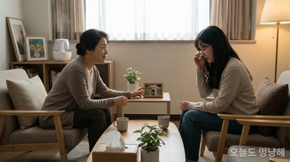 펫로스 상담을 진행하는 한국인 심리 상담사와 내담자