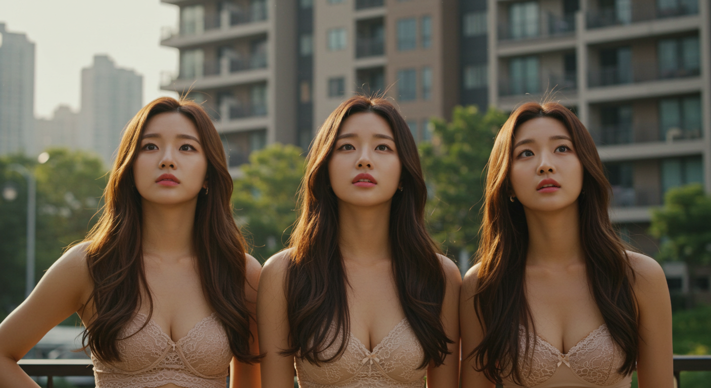 아파트를 올려다보는 여자들