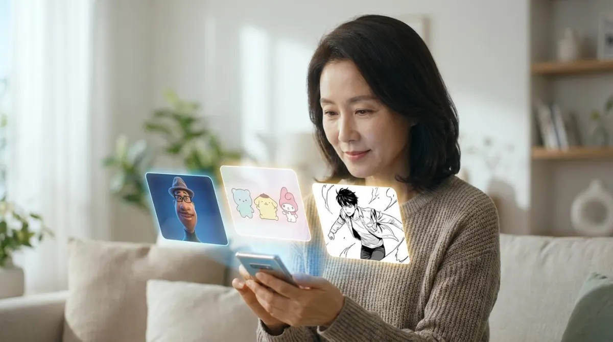 스마트폰 화면에서 뿜어져 나오는 다양한 캐릭터 화풍을 진지하게 관찰하고 분석하는 중년 여성의 클로즈업 일러스트
