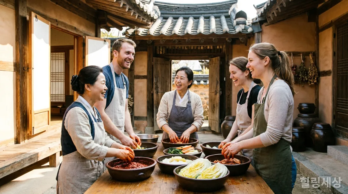 한국 전통 마을에서 외국인과 한국인 여행자들이 김치 만들기 수업에 참여하여 교류하는 모습