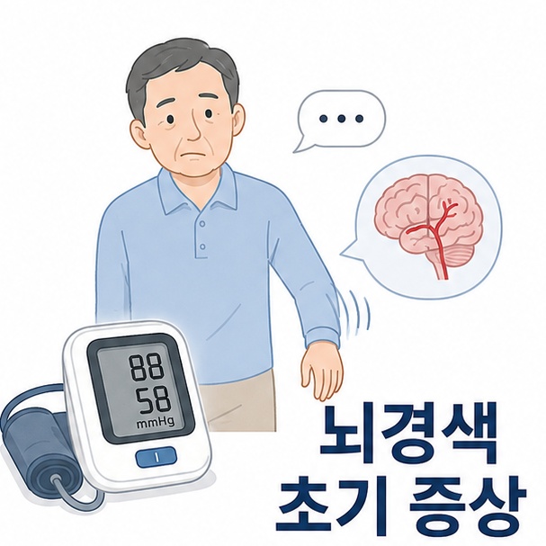 얼굴 한쪽이 처지고 한쪽 팔에 힘이 빠지는 모습을 통해 대표적인 뇌경색 초기 증상을 설명한 이미지