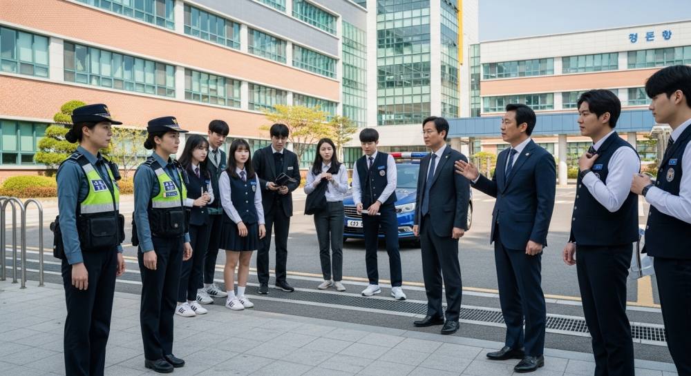 고등학교에 경찰 출동한 사진