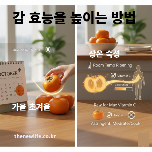 감 효능을 높이는 방법 인포그래픽, 가을 초겨울 제철 섭취&middot;상온 숙성&middot;생으로 먹는 방법을 시각적으로 설명한 이미지