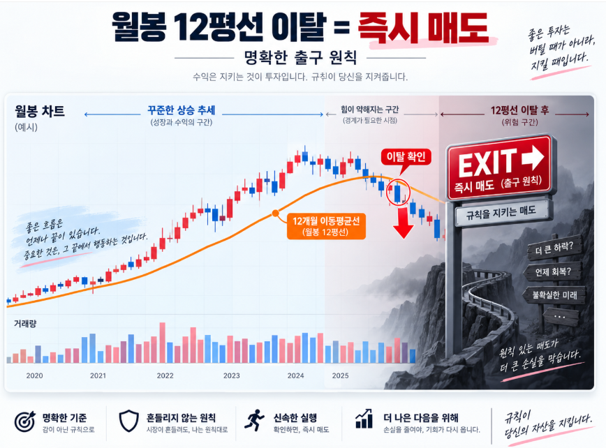 월봉 12평선 이탈 시 즉시 매도하는 명확한 출구 원칙을 표현한 캔들차트와 EXIT 표지판 일러스트
