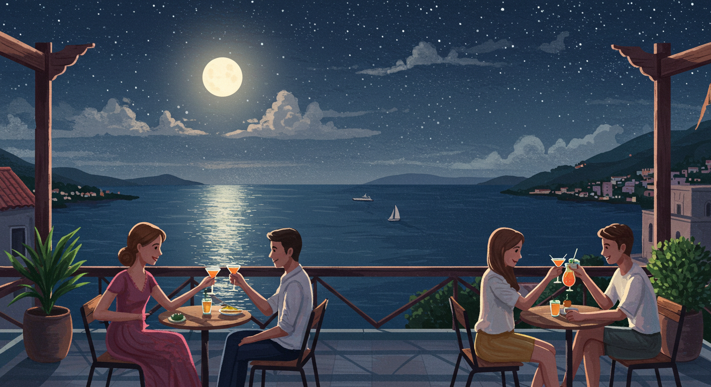 조용한 대화와 칵테일, 바다 위 밤하늘이 함께하는 여름밤의 루프탑