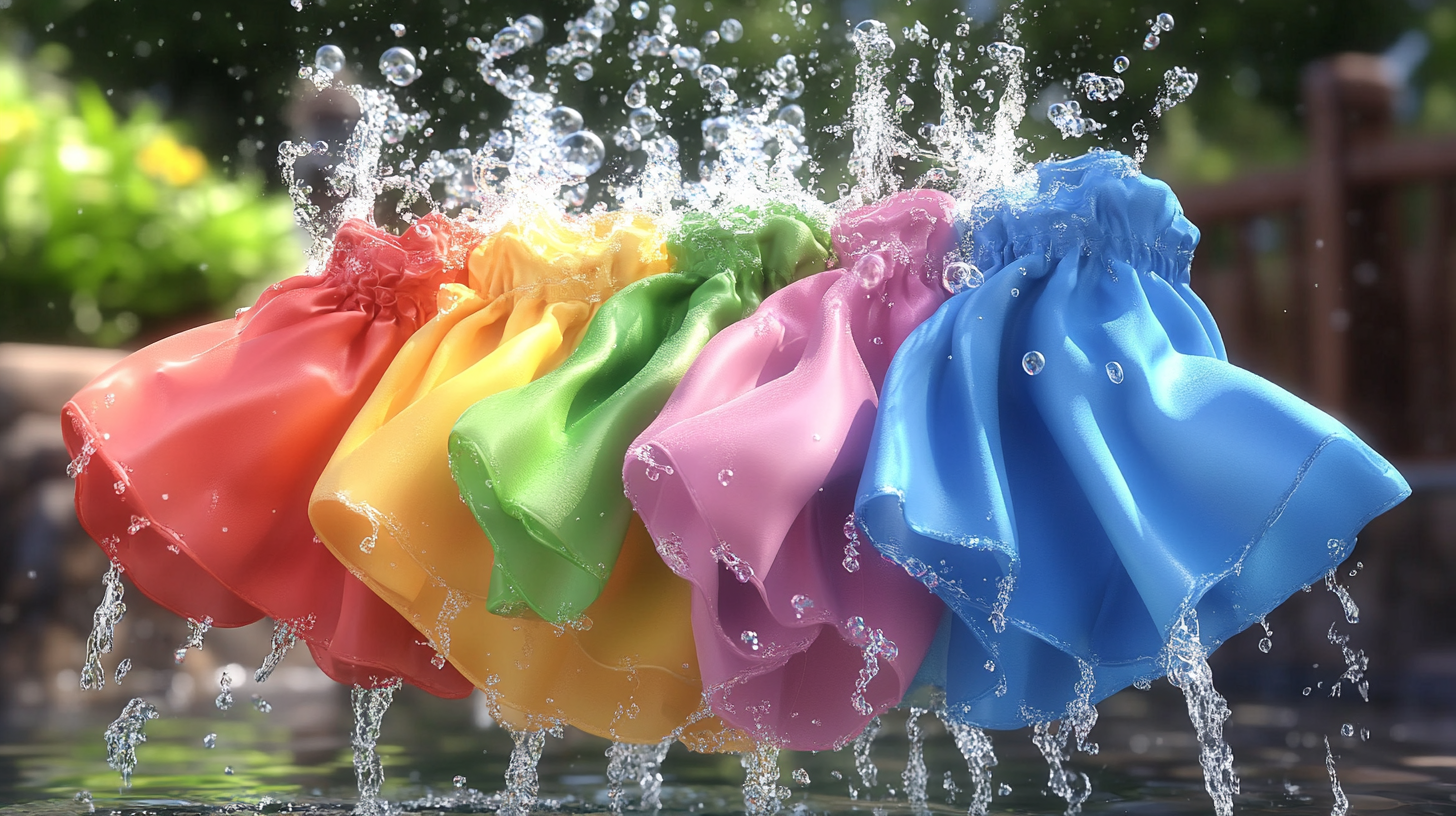 찬란한 색상의 옷감을 에코 버블 기술로 부드럽게 세척하는 장면, 물속에 잠긴 옷감을 둘러싸는 풍선 같은 거품