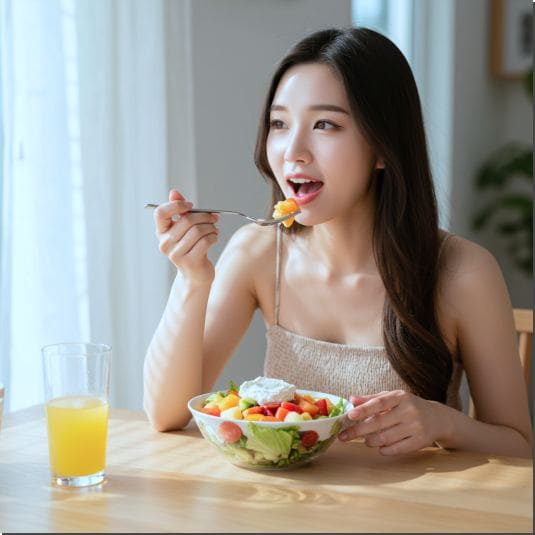 고중성지방혈증 개선 방안, 샐러드 먹는 여성 사진