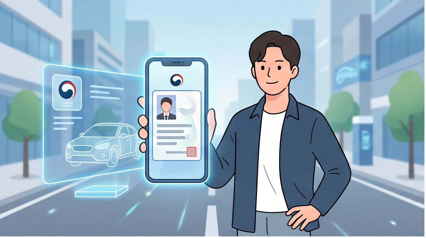 스마트폰 화면에 띄운 모바일 운전면허증을 들고 도로 위에 서 있는 남성과 자동차 홀로그램 그래픽