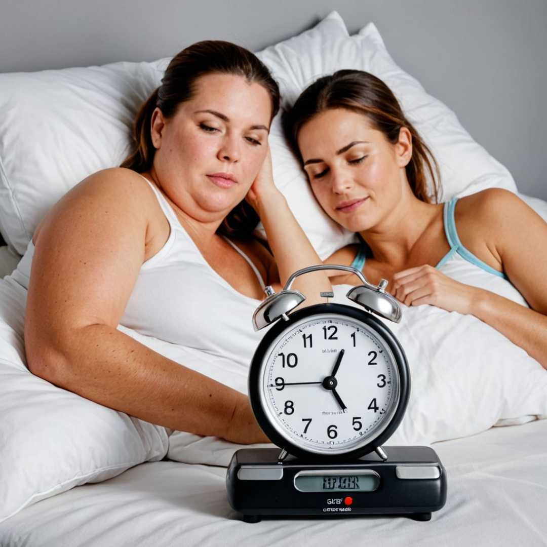 침대에 나란히 누운 두 명의 여성이 함께 시간을 바라보며 휴식을 취하고 있으며, 전면에는 큼직한 알람 시계가 놓여 있어 수면 시간의 중요성을 강조하는 장면